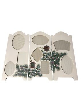 Hand-Painted White Wood Triple Photo Frame with Birdhouse Motif Cottagecore
